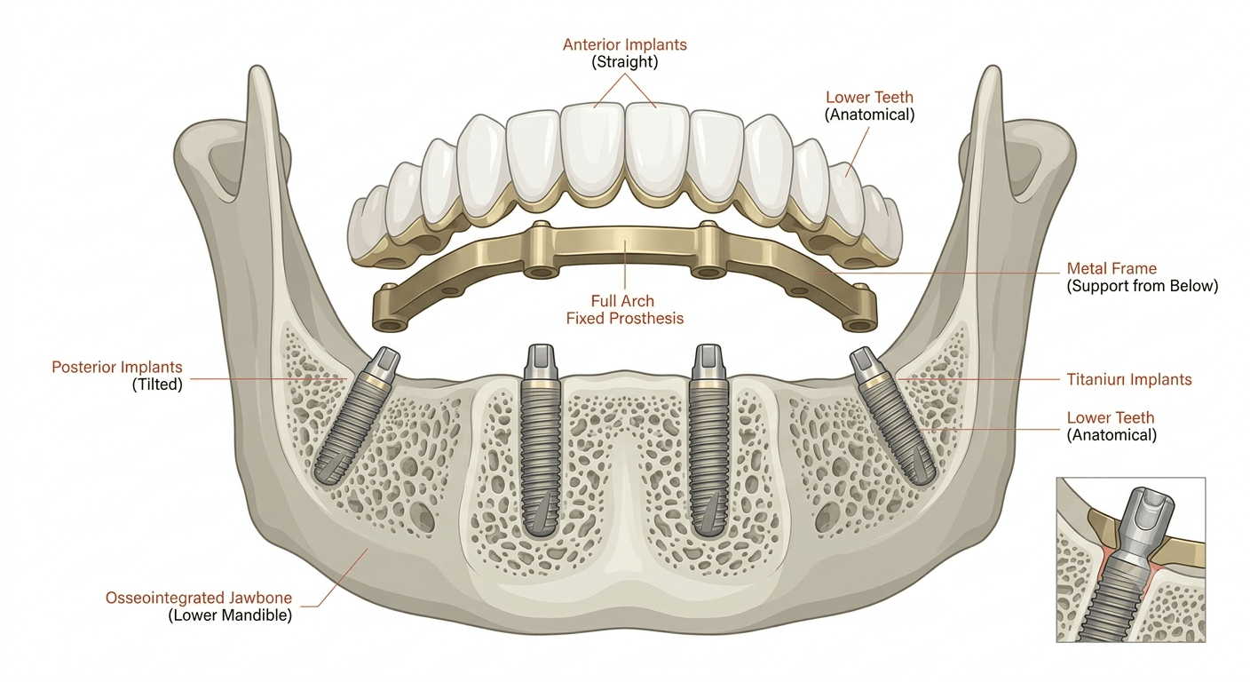 All-on-4 implant diagram – 4 implants supporting full arch prosthesis – Kocaqi Dental Albania
