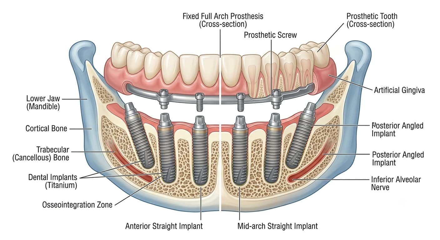 All-on-6 implant diagram – 6 implants supporting full arch prosthesis – Kocaqi Dental Albania