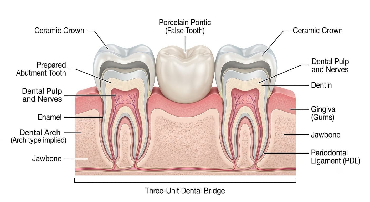 Dental bridge anatomy – three unit bridge cross-section – Kocaqi Dental Albania