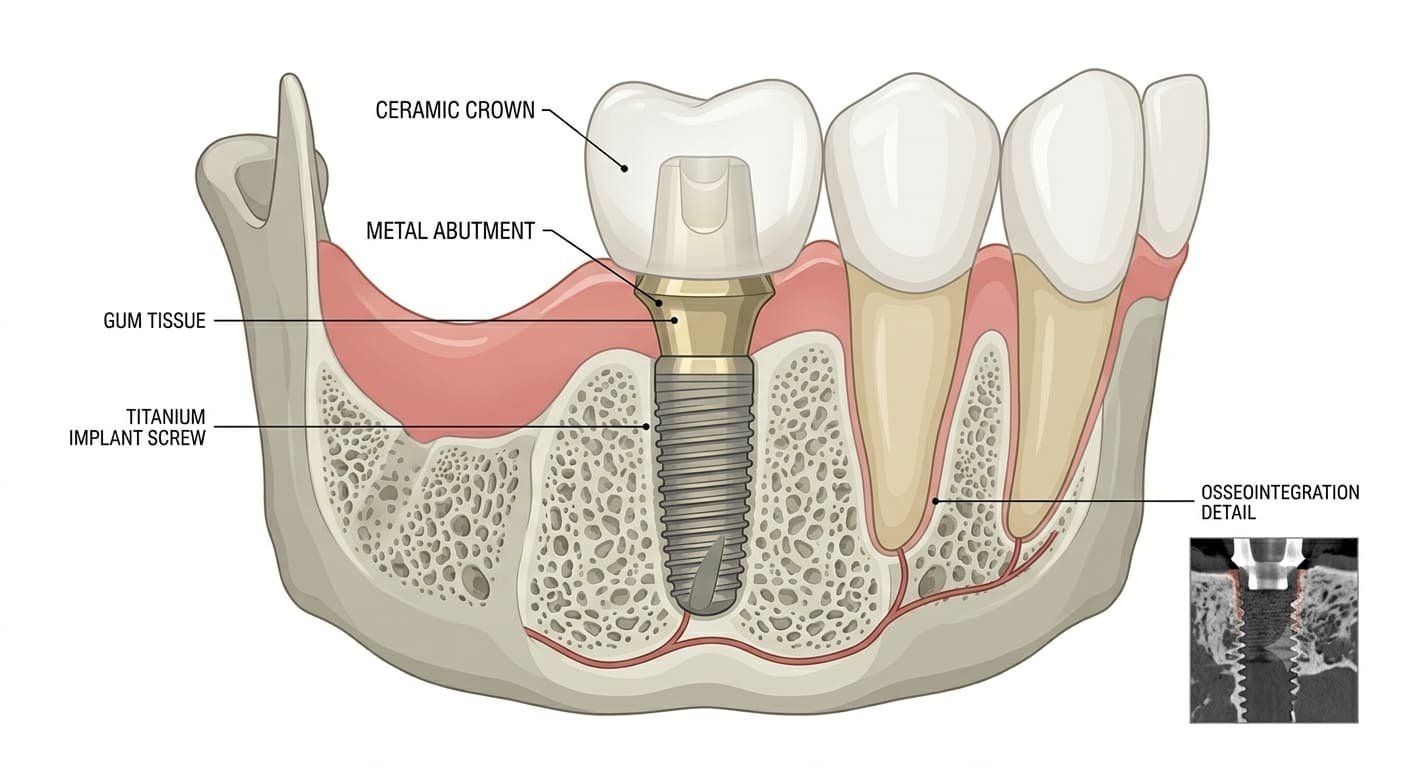 Single dental implant cross-section diagram – titanium post, abutment, crown – Kocaqi Dental Albania