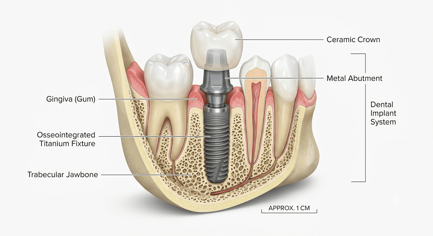Dental implant cross-section diagram – titanium post, abutment, crown – Kocaqi Dental